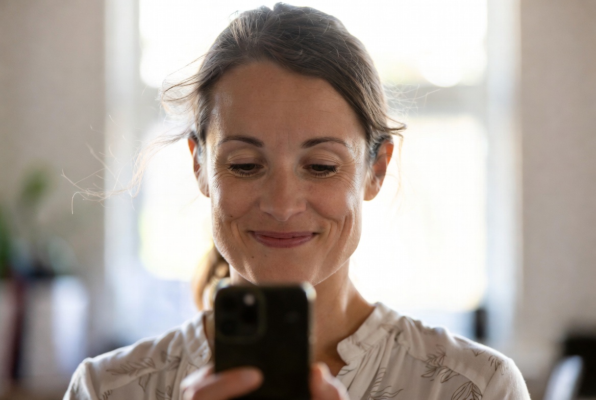 Dame som ser på telefonen sin — kundekommunikasjon